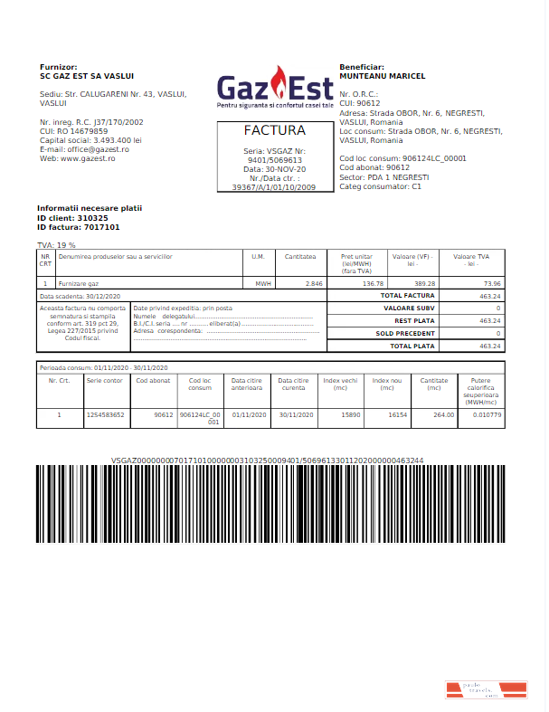 ROMANIA GAZ EST utility bill Word and PDF template